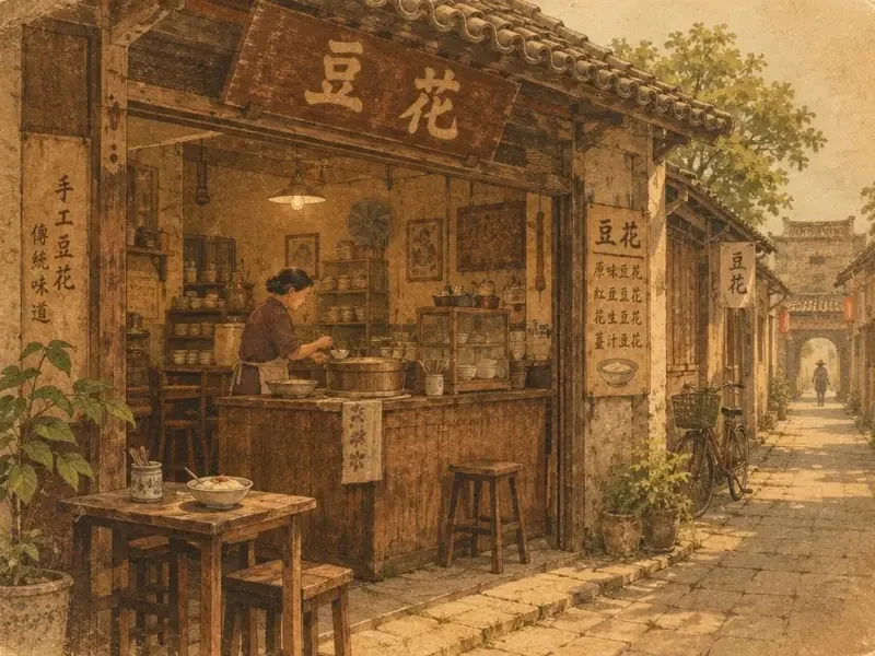 复古插画风格的老城区豆花店场景