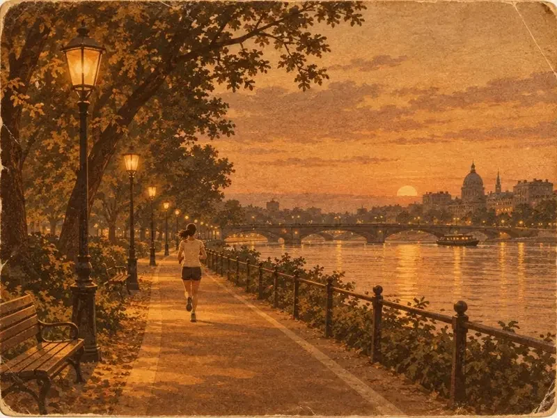 复古插画风格的河边夜跑道场景