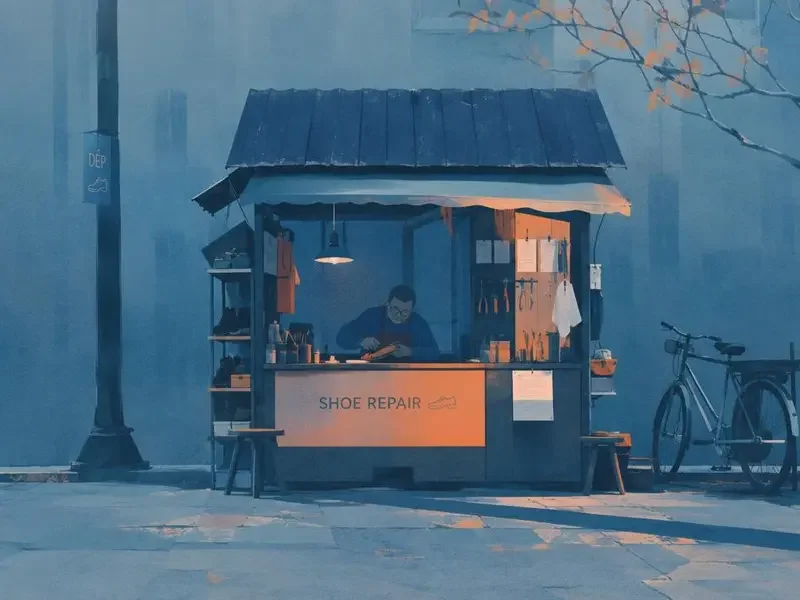 本地推荐:巷口修鞋摊成了街坊的“情报站” - 吃瓜网在线 复古插画风格的巷口修鞋摊场景